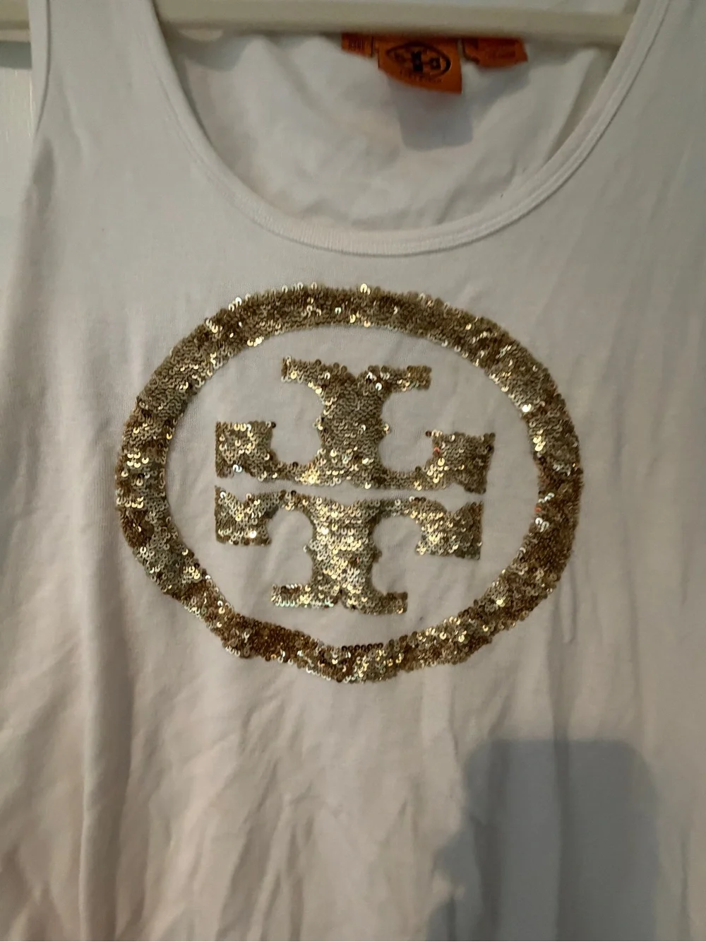 Tory Burch White Tank with Gold Sequin Emblem Xl crystals